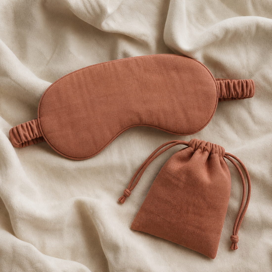 Washed linen sleep mask with its travel pouch