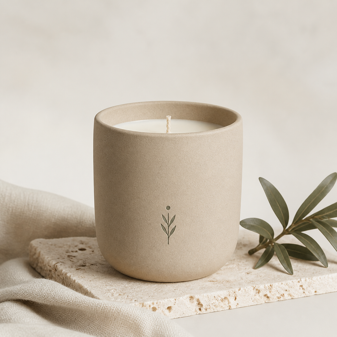 A hand-poured soy candle in a frosted glass vessel